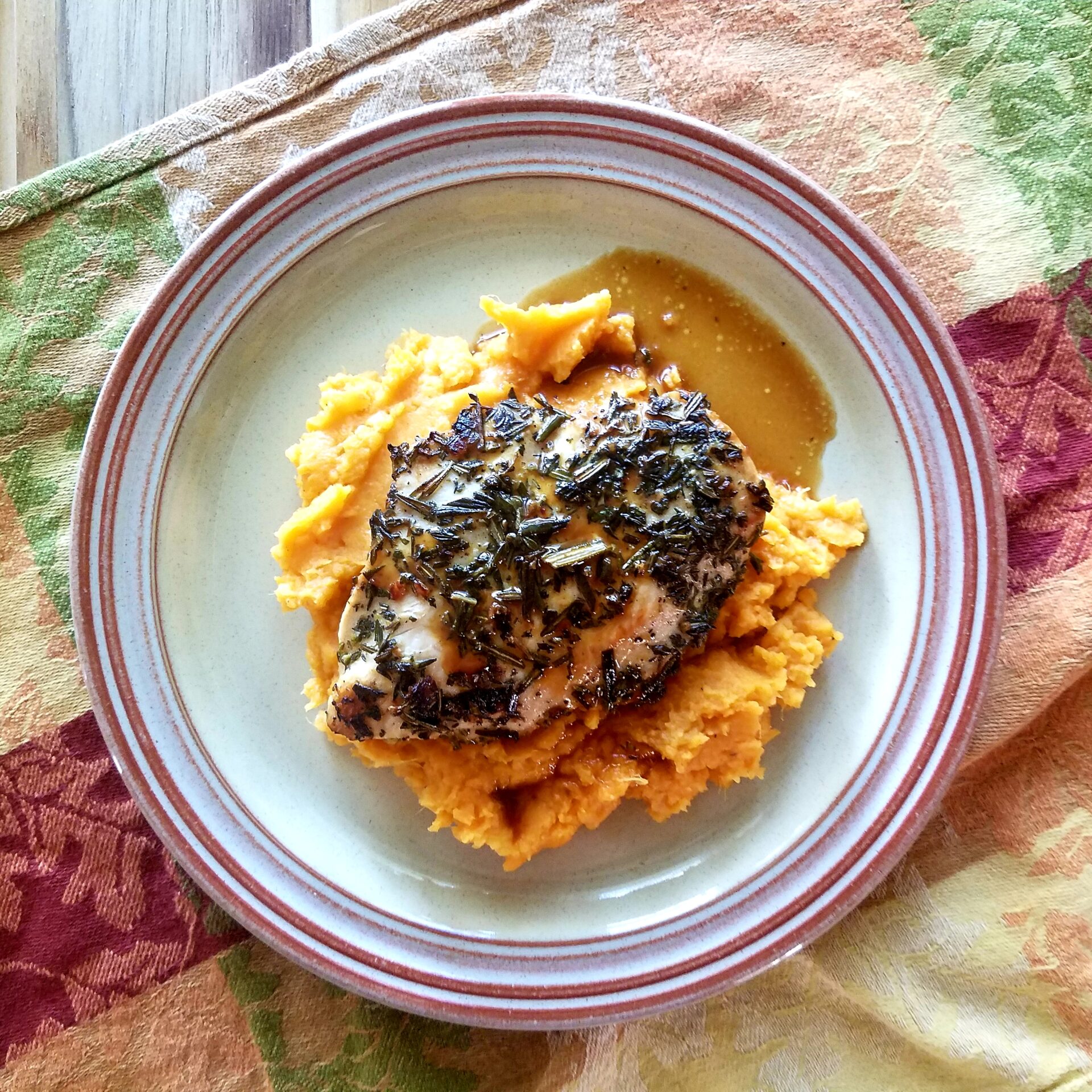 Lemon Herb Chicken over Mashed Sweet Potatoes