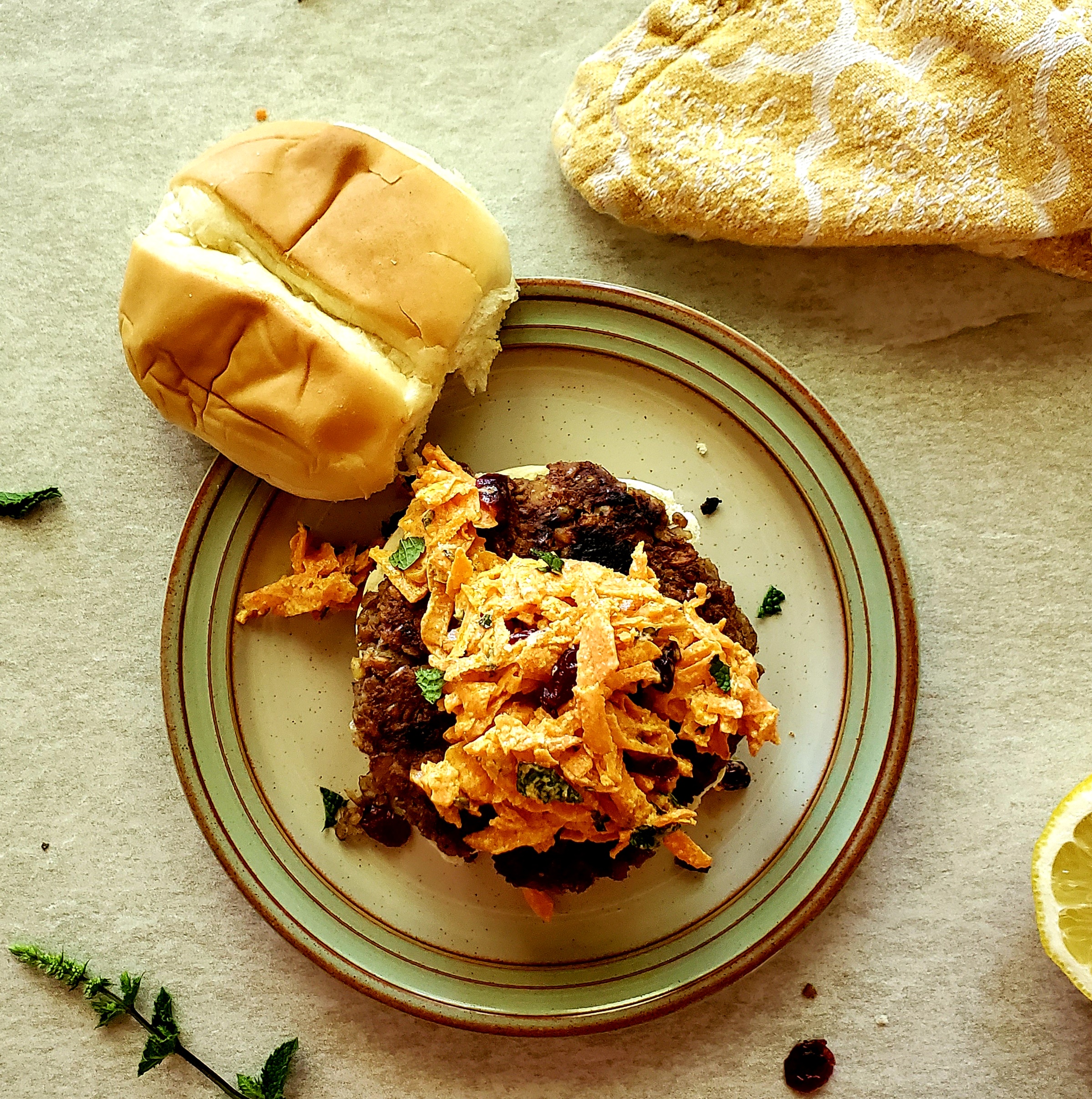 Chickpea Burgers with Mint Tahini Carrot Slaw (Recipe Inspired by THE BOOK OF LONGINGS)