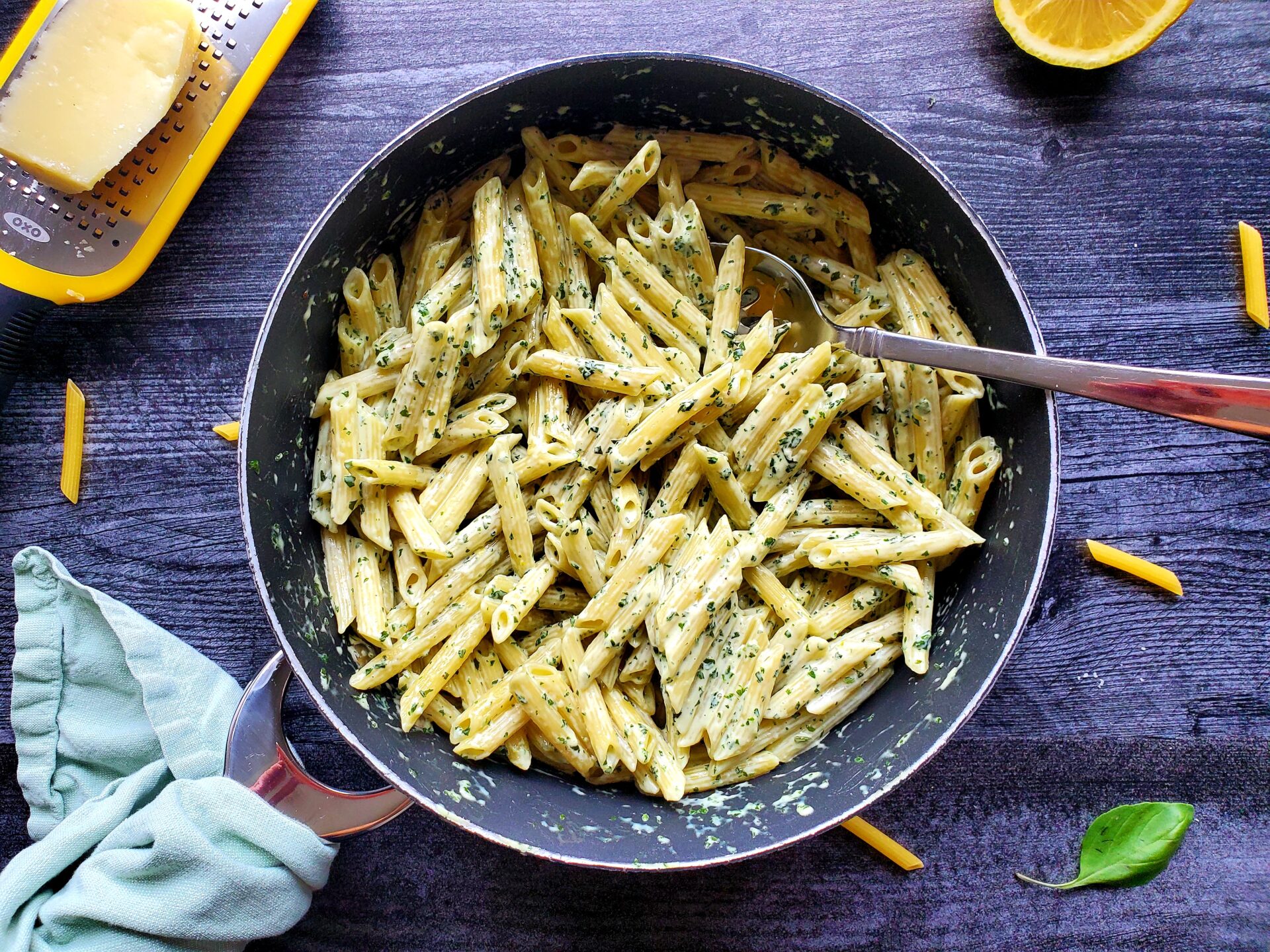 Overhead of Creamy Pesto Pasta