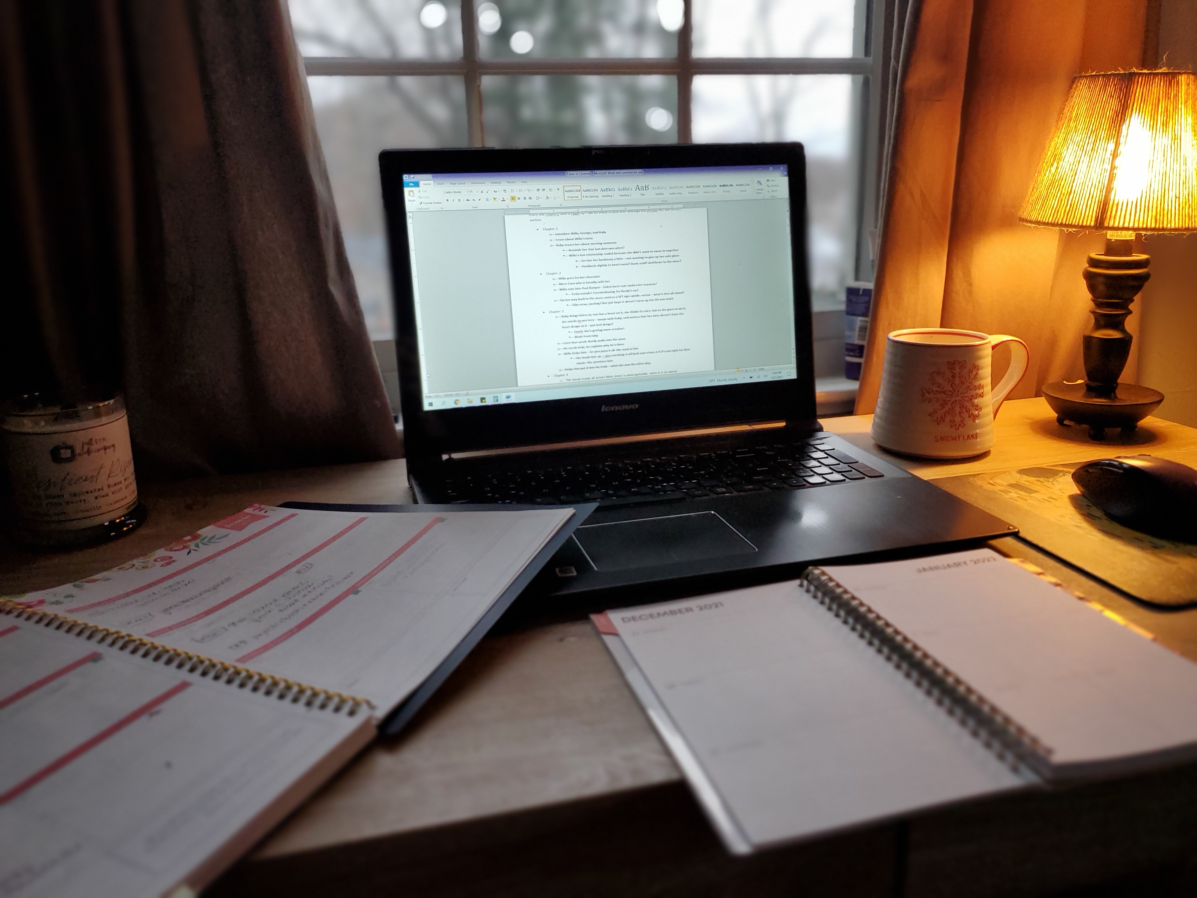 laptop, notebook, planner, window, writing desk