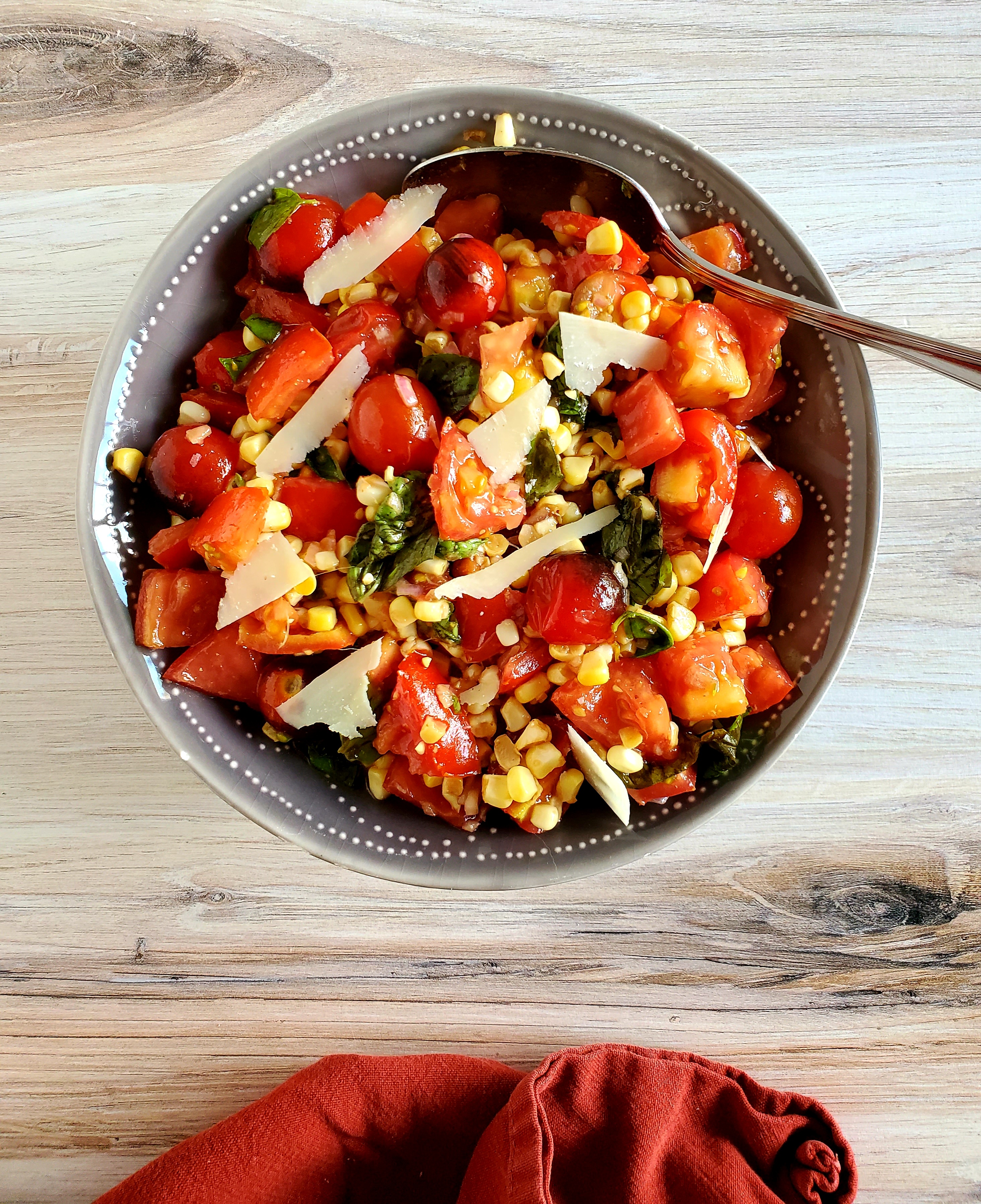 Simple Tomato, Corn, and Torn Basil Salad (Recipe Inspired by OLD COUNTRY)