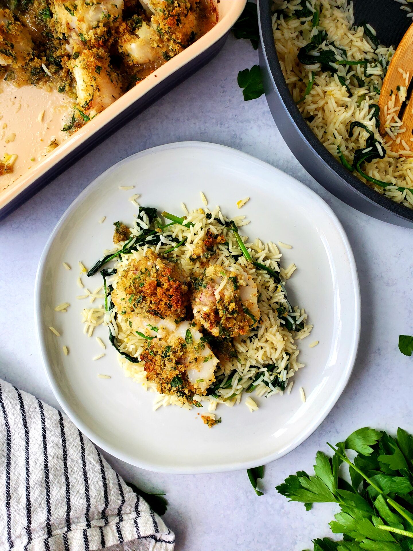 Baked Sea Scallops over Lemon Spinach Basmati Rice