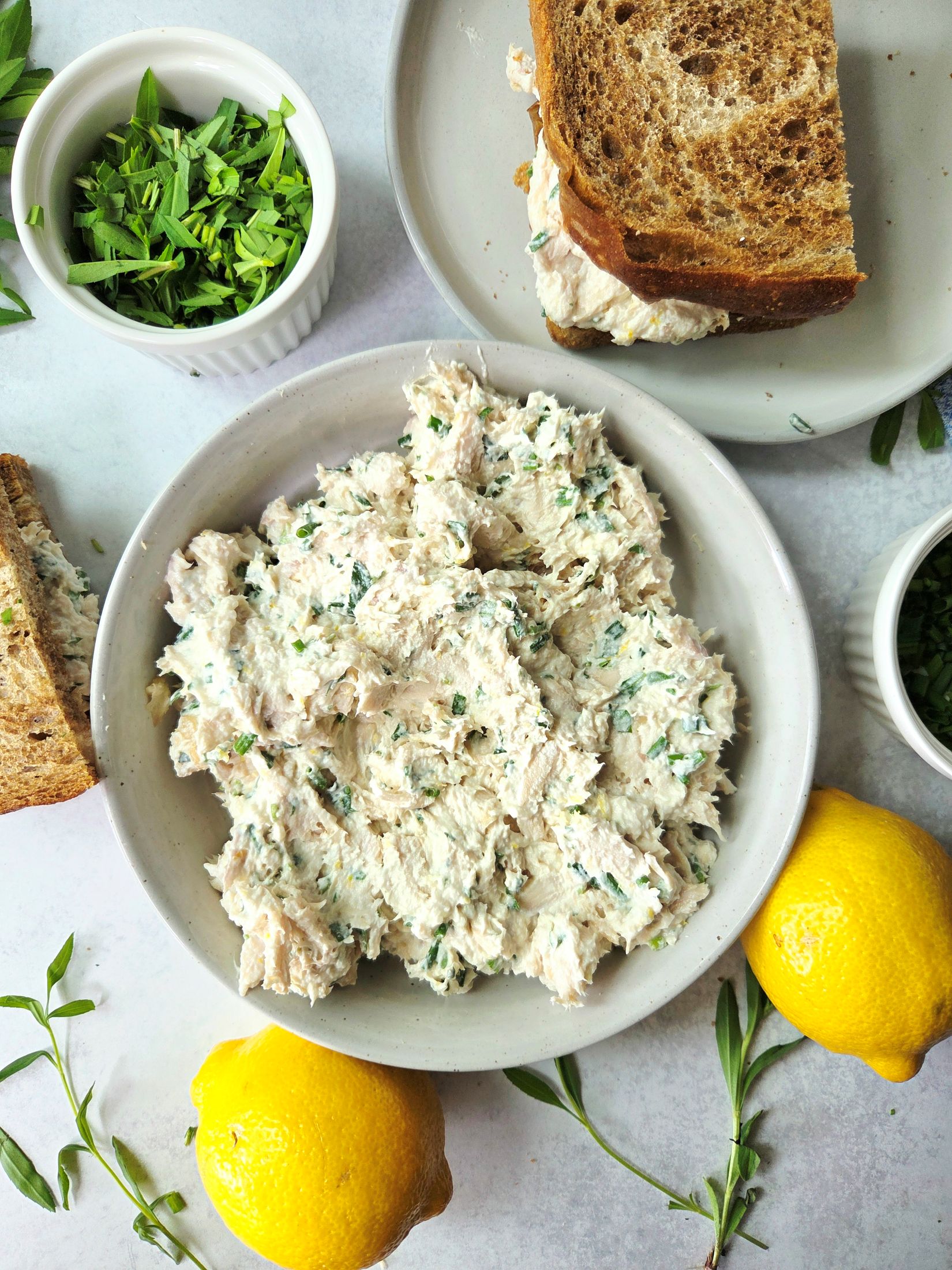 lemon tarragon chicken salad in a bowl